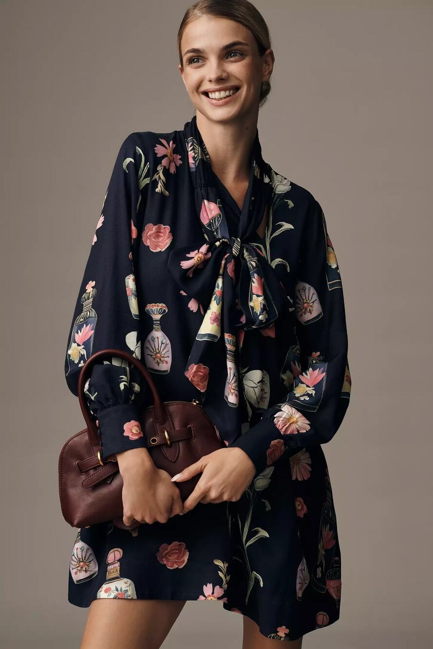 nwt ANTHROPOLOGIE MAEVE sz S The Caroline Tie-Neck Dress navy perfume bottle